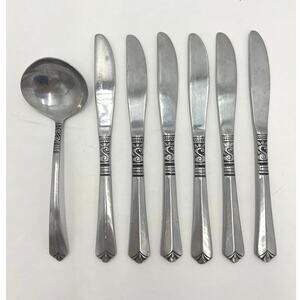 Vintage Orleans Silver Stainless Cutlery Set- Serving Spoon (1) & Knives (6)